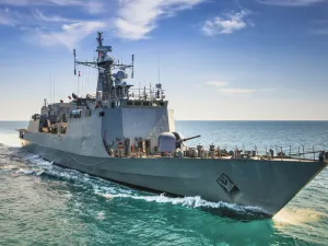 Grey modern warship sailing in the sea. (Shutterstock/ File Photo)