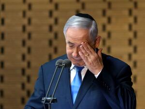 Israeli Prime Minister Benjamin Netanyahu delivers a speech at the state memorial ceremony for the fallen soldiers of the 1973 Yom Kippur War, at the Hall of Remembrance on Mt. Herzl in Jerusalem on October 10, 2019. GALI TIBBON / AFP