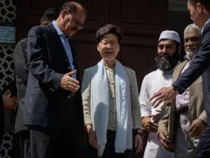 Hong Kong's Chief Executive Carrie Lam (C) exits the Kowloon Mosque, or Kowloon Masjid and Islamic Centre, in the Tsim Sha Tsui district in Hong Kong on October 21, 2019.  (AFP/ File Photo)