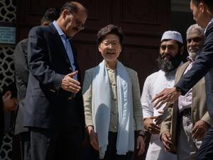 Hong Kong's Chief Executive Carrie Lam (C) exits the Kowloon Mosque, or Kowloon Masjid and Islamic Centre, in the Tsim Sha Tsui district in Hong Kong on October 21, 2019.  (AFP/ File Photo)