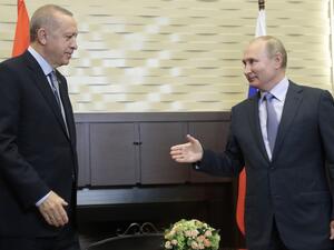 Russian President Vladimir Putin meets with his Turkish counterpart Recep Tayyip Erdogan in Sochi on October 22, 2019.  Sergei CHIRIKOV / POOL / AFP