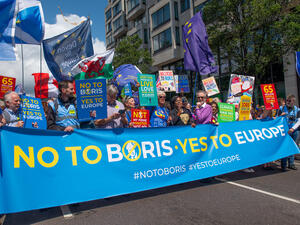 Pro European Union supporters with the lead banner at the anti-Brexit March for Change demonstration, to push the government to revoke Article 50 and stop the Brexit mess. (Shutterstock/ File Photo)