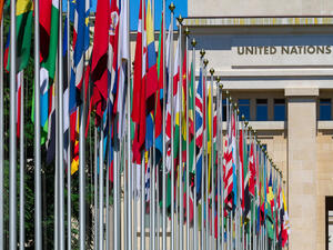 National flags at the entrance in UN office at Geneva, Switzerland (Shutterstock)	