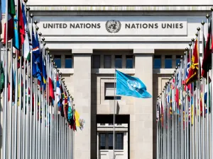 National flags at the entrance in UN office at Geneva, Switzerland. (Shutterstock/ File Photo)