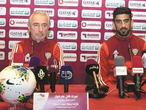 UAE coach Bert van Marwijk (left) and captain Hamdan al-Kamali address a press conference yesterday. (Photo: Shemeer Rasheed)