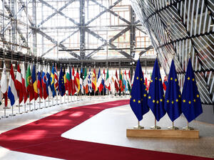 EU flags in EU Council building during the EU Summit. (Shutterstock/ File Photo)