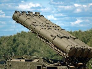 Russian army S-300 SA-10 Grumble mobile surface to air missile defense system launcher preparing to set launch position for missile container. (Shutterstock/ File Photo)