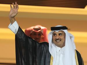 Qatar's Emir Sheikh Tamim bin Hamad al-Thani attends the 24th Arabian Gulf Cup Final football match between Bahrain and Saudi Arabia at the Khalifa International Stadium in the Qatari capital Doha on December 8, 2019. KARIM JAAFAR / AFP