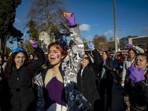 Women take part in a choreographed performance originated in Chile, and inspired by the Chilean feminist group Las Tesis, to protest against gender violence and patriarchy on December 15, 2019 in Istanbul. Yasin AKGUL / AFP