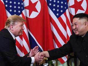 US President Donald Trump shakes hands with North Korean leader Kim Jong-un following a meeting in Hanoi, Vietnam, in February. Photo: AFP