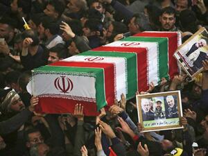 Mourners carry the coffins of slain Iraqi paramilitary chief Abu Mahdi al-Muhandis, Iranian military commander Qasem Soleimani and eight others inside the Shrine of Imam Hussein in the holy Iraqi city of Karbala,during a funeral procession on January 4, 2020. (AFP/ File Photo)