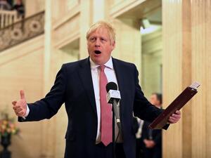 Britain's Prime Minister Boris Johnson speaks to members of the media in the Great Hall inside Parliament Buildings, the seat of the Northern Ireland Assembly, on the Stormont Estate in Belfast on January 13, 2020.  (AFP/ File Photo)