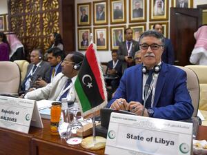 Libya's permanent representative at the OIC Kamal Bashir Dahan attends an emergency ministerial meeting of the Organisation of Islamic Cooperation (OIC) in Jeddah on February 3, 2020, to address US President Donald Trump's Middle East plan. Amer HILABI / AFP