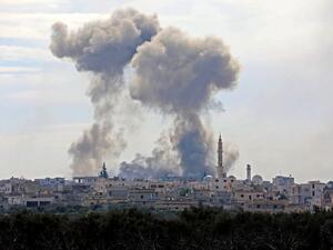 This picture taken on February 3, 2020 shows smoke plumes billowing in the Syrian village of al-Nayrab, about 14 kilometres southeast of the city of Idlib in the northwestern Idlib province, during bombardment by Syrian government forces and its allies. Omar HAJ KADOUR / AFP