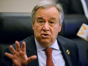 United Nations Secretary-General Antonio Guterres speaks during a press conference at the African Union headquarters during the 33rd African Union (AU) Summit on February 8, 2020, in Addis Ababa. MICHAEL TEWELDE / AFP