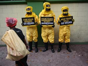Members of People for the Ethical Treatment of Animals (PETA) wearing biohazard suits display placards with slogans during a protest in front of the department of health on February 13, 2020, amidst the COVID-19 coronavirus scare which has infected thousands of people in China. Ted ALJIBE / AFP