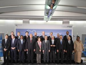 Members of the international committee pose for a family photo during a follow-up meeting on Libya, arranged by German Foreign Minister Heiko Maas (first row, C), on the sidelines of 56th Munich Security Conference (MSC) in Munich, southern Germany, on February 16, 2020: (first row, L-R) Italy's Foreign Minister Luigi Di Maio, Algerian Foreign Minister Sabri Boukadoum, Congolese Foreign Minister Jean-Claude Gakosso, Egyptian Foreign Minister Sameh Shoukry, the Deputy Special Representative of the UN Secreta