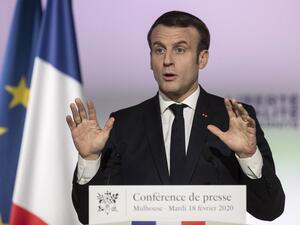 French President Emmanuel Macron delivers a speech during a trip on the theme of the republican reconquest and the fight against Islamist separatism at the Dollar gymnasium in Mulhouse, eastern France, on February 18, 2020. Jean-Francois Badias / POOL / AFP