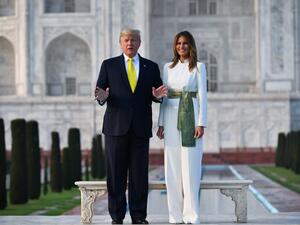 US President Donald Trump and First Lady Melania Trump pose as they visit the Taj Mahal in Agra on February 24, 2020. Mandel NGAN / AFP