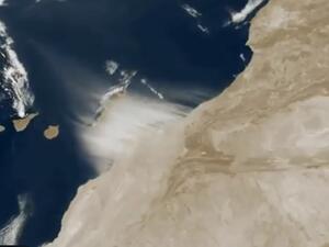 A stunning satellite image has revealed the moment a Saharan sandstorm engulfed the Canary Islands, shrouding the islands in an orange haze and causing hundreds of flight cancellations. (Twitter)