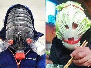 Home-made: Others used plastic bottles (right) and even lettuce leaves (left). You can buy washable cloth masks, light, loose surgical masks or close-fitting masks. (Social Media/ Daily Mail)
