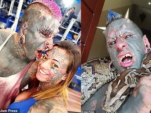 The father, who has worked as a tattoo artist for 25 years, said he wants to look as sinister as possible with implanted horns and his teeth filed into points. (Jam Press)