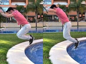 The aim is to reach backward, usually with their feet, and touch the surface of the water without making a splash before landing safely back on the ledge. (Instagram)