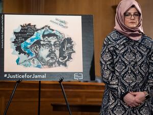 Hatice Cengiz, slain Washington Post columnist Jamal Khashoggi's fiancee, attends a press conference calling for the Trump administration to release details about his killing, on Capitol Hill in Washington, DC, March 3, 2020. US lawmakers vowed Tuesday to force the release of an intelligence report on the killing of Saudi dissident writer Jamal Khashoggi, accusing President Donald Trump of blocking it to protect the kingdom. SAUL LOEB / AFP