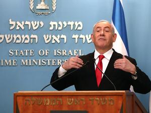 Israeli Prime Minister Benjamin Netanyahu delivers an speech at his Jerusalem office on March 14, 2020, regarding the new measures that will be taken to fight the Corona virus in Israel. Netanyahu said Israel would shut down eateries, shopping centres and gyms in a bid to halt the spread of coronavirus. Netanyahu also said he would ask the government's approval in the upcoming cabinet meeting set to be held via video conference to allow "technologies used in the war against terror" to be used to track the m