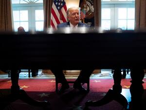 US President Donald Trump makes a statement for the press after a meeting with nursing industry representatives in the Roosevelt Room of the White House about the COVID-19 pandemic March 18, 2020, in Washington, DC. Brendan Smialowski / AFP