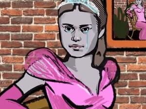 Two Russian pranksters Alexei Stolyarov and Vladimir Kuznetsov 'tricked' Prince Harry into believing they were climate change activist Greta Thunberg and her father Svante. Pictured: 'Greta' as an animated cartoon over the top (Dailymail)