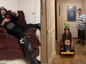 All aboard! A bored family from Utah decided to turn their home into a makeshift Disney ride. The riders boarded a sled in the hallway of their home. (Facebook)