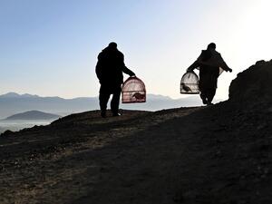 Men carrying partridges in cages walk on a hillside on the outskirts of Kabul on April 12, 2020. Wakil KOHSAR / AFP