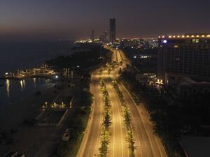 An aerial view shows deserted streets in the Saudi coastal city of Jeddah on April 21, 2020, during the novel coronavirus pandemic crisis. BANDAR ALDANDANI / AFP