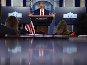 U.S. President Donald Trump speaks during the daily briefing of the White House Coronavirus Task Force at the James Brady Press Briefing Room of the White House April 13, 2020 in Washington, DC. On Monday President Trump tweeted that he will be the one to make the decision to re-open the states in conjunction with the Governors and input from others. Alex Wong/Getty Images/AFP ALEX WONG / GETTY IMAGES NORTH AMERICA / Getty Images via AFP