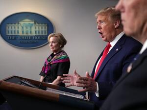 U.S. President Donald Trump speaks as White House coronavirus response coordinator Deborah Birx looks on at the daily coronavirus briefing at the White House April 20, 2020 in Washington, DC. AFP/File