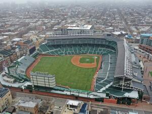  An aerial from a drone shows Wrigley Field, home of the Chicago Cubs, which, like all Major League Baseball (MLB) parks sits nearly empty on what was to be opening day for MLB on March 26, 2020 