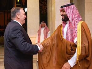 US Secretary of State Mike Pompeo shakes hands with Saudi Arabia's Crown Prince Mohammed bin Salman in Jeddah, Saudi Arabia. AFP