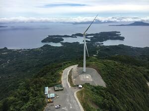 Wind turbine at Puerto Galera hybrid plant on island of Mindoro, Philippines