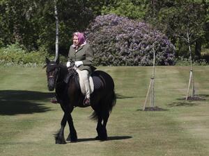 Britain's Queen Elizabeth II rides Balmoral Fern, a 14-year-old Fell Pony, in Windsor Home Park, west of London, over the weekend of May 30 and May 31, 2020. Steve Parsons / POOL / AFP