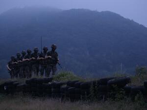 South Korean marines patrol on the South Korea-controlled island of Yeonpyeong near the 'northern limit line' sea boundary with North Korea on June 17, 2020. North Korea threatened June 17 to bolster its military presence in and around the Demilitarized Zone, a day after blowing up its liaison office with the South, prompting sharp criticism from Seoul. YONHAP / AFP