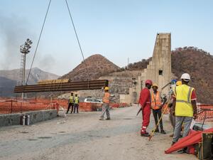 This file photo taken on December 26, 2019 shows a general view of the construction works at the Grand Ethiopian Renaissance Dam (GERD), near Guba in Ethiopia. Sudan has proposed upgrading negotiations with Egypt and Ethiopia on a Nile mega-dam to prime ministerial level after the latest round of talks failed to break the deadlock. EDUARDO SOTERAS / AFP