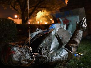 The statue of Confederate general Albert Pike is pictured after it was toppled by protesters at Judiciary square in Wahsington, DC on late June 19, 2020. Protesters have toppled the only statue of a Confederate general in the US capital, images broadcast by US media show. President Donald Trump tweeted that the Washington "D.C. police are not doing their job as they watch a statue be ripped down & burn. These people should be immediately arrested. A disgrace to our Country!" The images, broadcast on ABC7 Ne