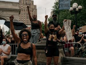 Demonstrators denouncing systemic racism and the police killings of black Americans rally in Washington Square Park in the borough of Manhattan on June 6, 2020 in New York City. This is the 12th day of protests since George Floyd died in Minneapolis police custody on May 25. Scott Heins/Getty Images/AFP Scott Heins / GETTY IMAGES NORTH AMERICA / Getty Images via AFP