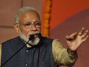 India Prime Minister Narendra Modi gestures during his victory speech at the BJP headquarters in New Delhi / © AFP