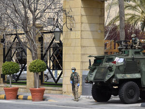 Soldiers outside a hotel in Amman, Jordan. The country is currently under strict curfew enforced by the military to combat coronavirus. (Shutterstock/ File Photo)