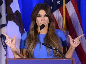 In this file photo taken on February 3, 2020 Kimberly Guilfoyle speaks during a "Keep Iowa Great" press conference in Des Moines, IA. Donald Trump Jr's his girlfriend Kimberly Guilfoyle tested positive for the coronavirus on July 3, 2020, US media reported. JIM WATSON / AFP