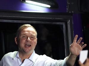 Polish president and candidate to his succession for the Law and Justice (PiS) party Andrzej Duda greets supporters during a campaign meeting ahead of the presidential election in Lomza, central Poland on July 7, 2020. JANEK SKARZYNSKI / AFP