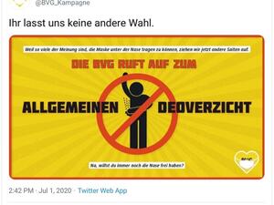 Berliner Verkehrsbetriebe (BVG) created the humorous safety notice in the hope that customers will be so overpowered by the smell of others' that they will reach for their masks (Twitter)