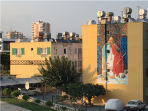 Hazar painted an homage to famed Ottoman painter Osman Hamdi Bey’s picture ‘The Tortoise Trainer’ in August 2017. (Courtesy of Nazife Bilgin Hazar)